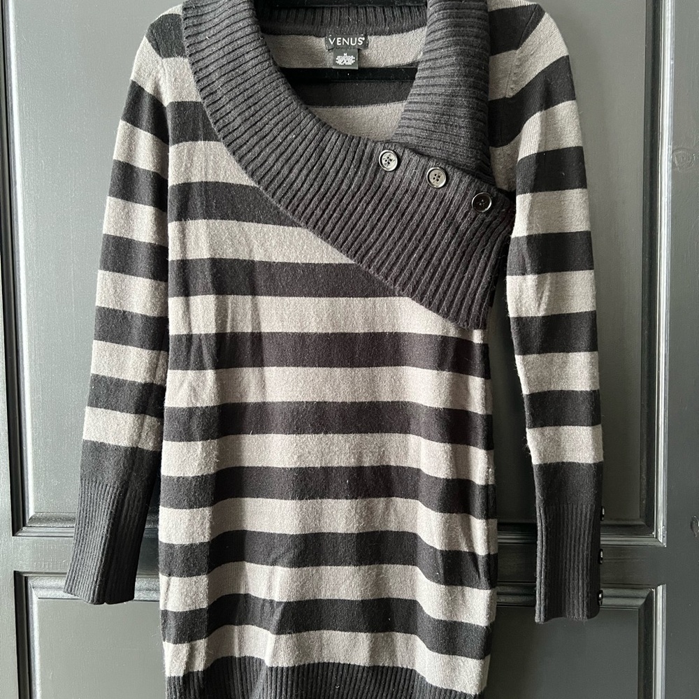 VENUS Women's Cowl Neck Striped Sweater dress - Black and Gray